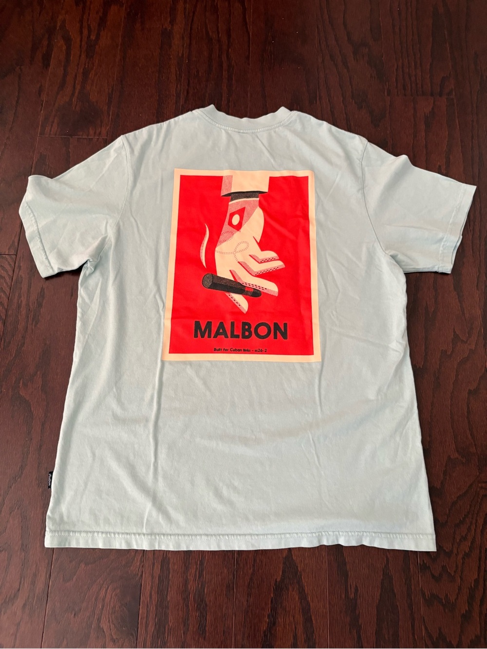 MALBON Bermuda Cigar Short Sleeve T-Shirt Oversized Light Blue Graphic XS NWOT